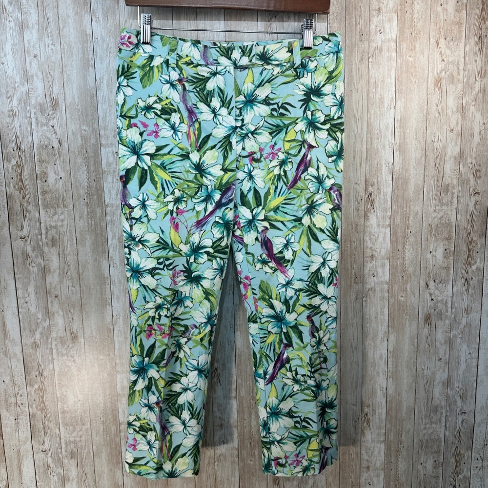 Chico's Women's Tropical Bird Floral Capri‎ Pants Size 00 Aqua Blue Green Pink